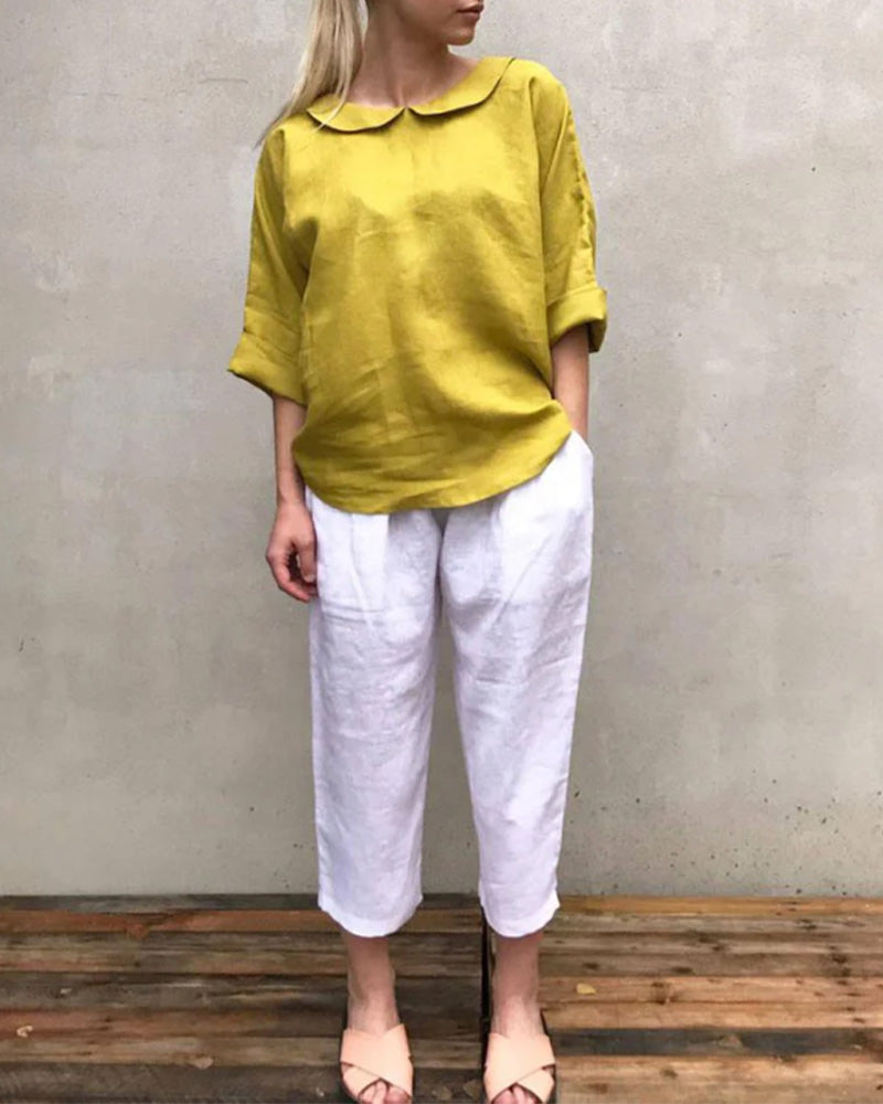 Peter Pan Collar Linen-Blend Loose-Fit Blouse