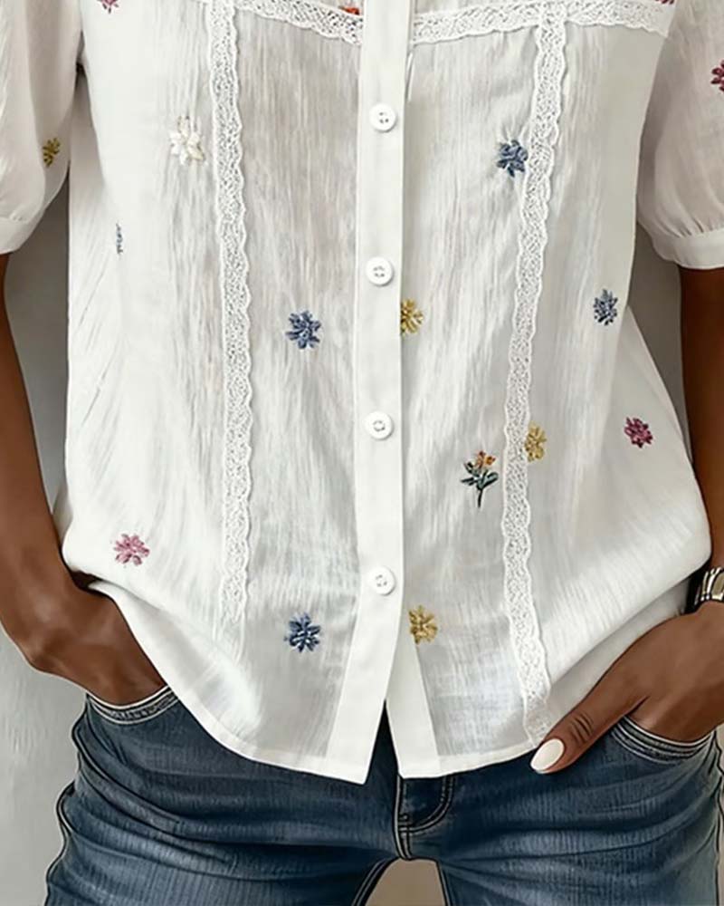 Button-Down Lace Spliced Shirt