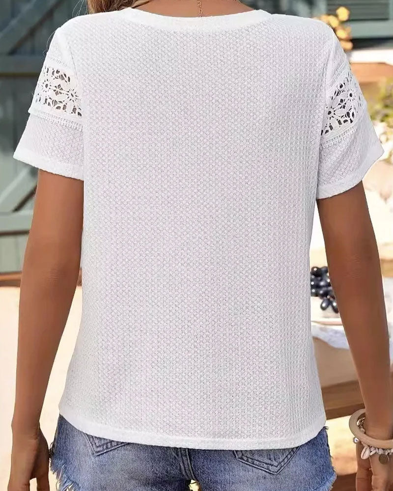 Lace Insert Hollow Out Crewneck T-Shirt