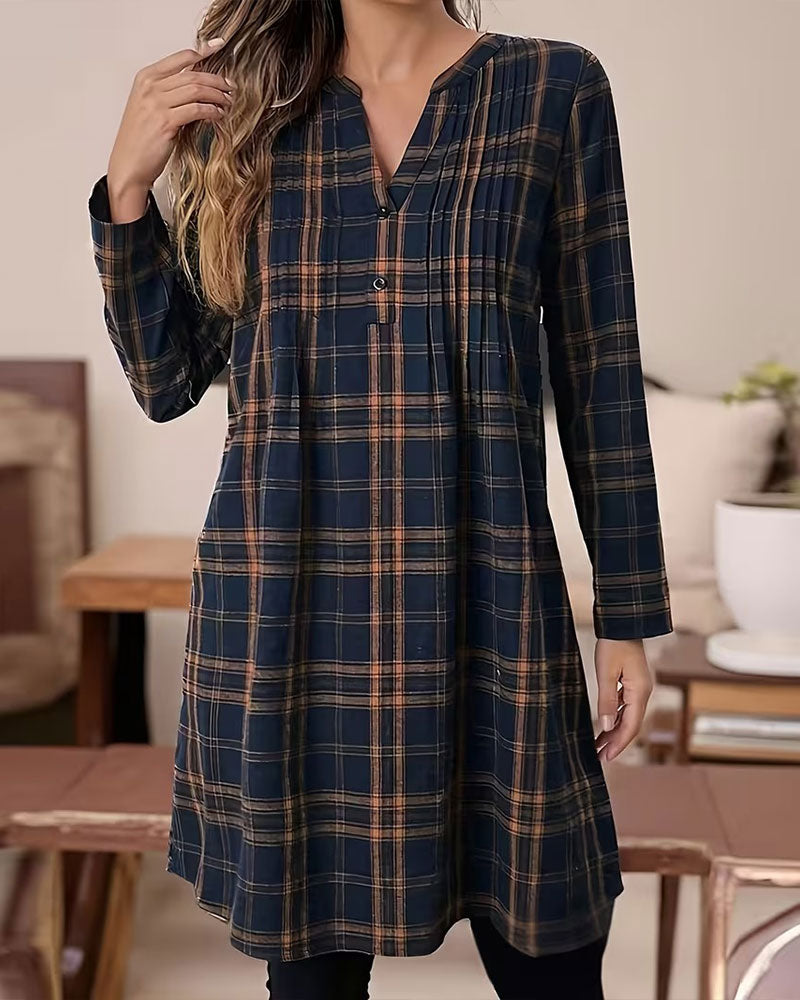 Plaid Long Sleeve A-Line Dress