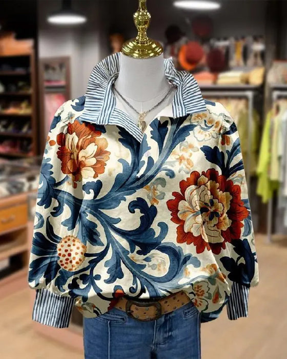 Vintage Floral Patchwork Stripe Lapel Blouse