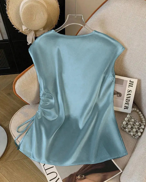 V-Neck Drawstring Sleeveless Blouse