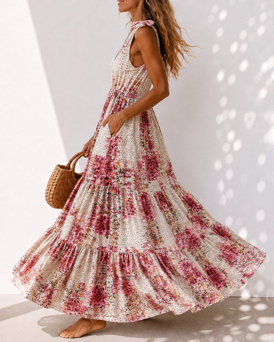 Floral Tie V-Neck Tiered Dress