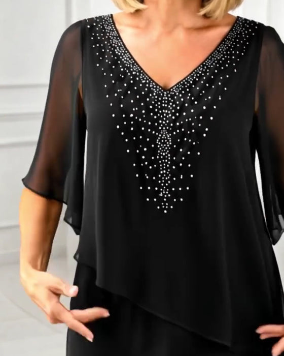 Casual V-Neck Rhinestone Dress