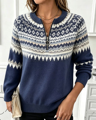 Crew-Neck Zip-Up Diamond-Pattern Pullover