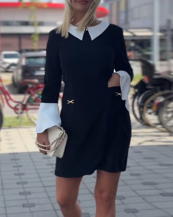 Elegant contrasting lapel bell sleeve dress
