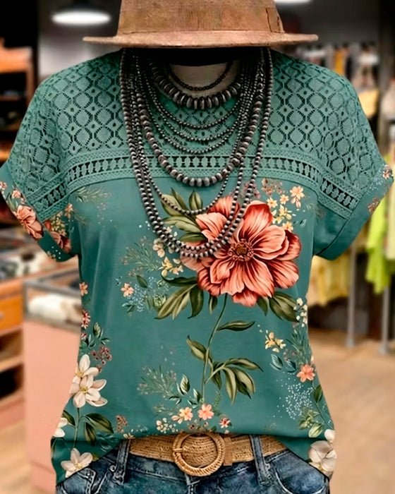 Cut-Out Patchwork Short-Sleeve T-Shirt