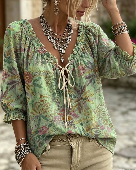 V-Neck Lace Up Blouse