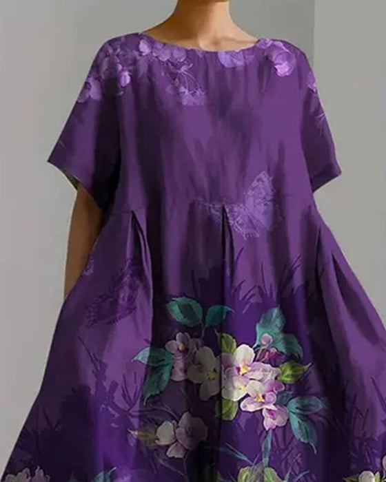 Crew Neck Purple Floral Dress
