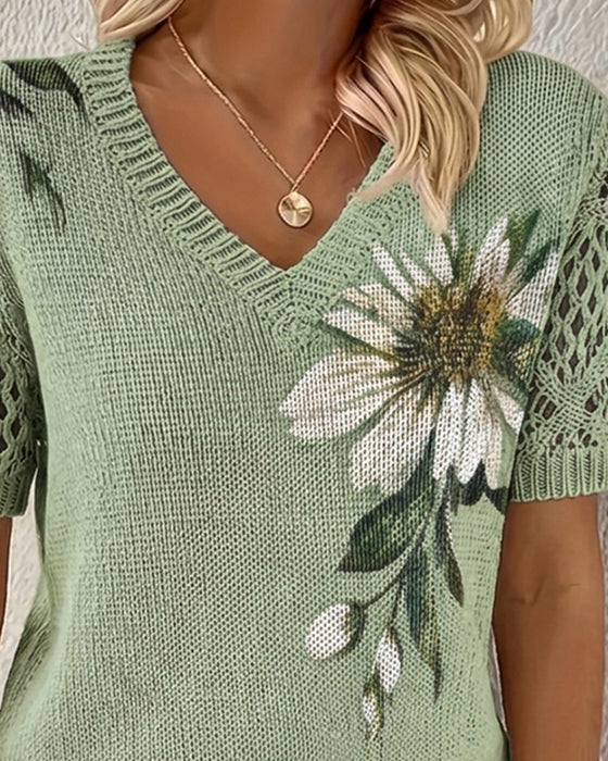 V-Neck Knitted Floral Pullover