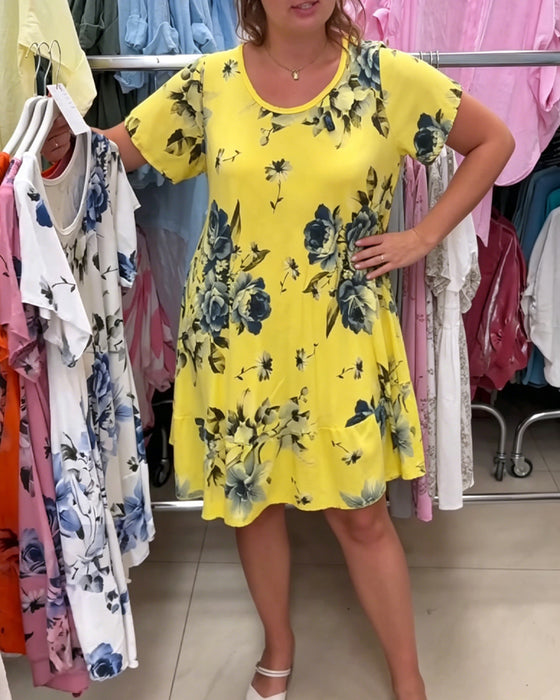 Crew Neck Floral A-Line Dress