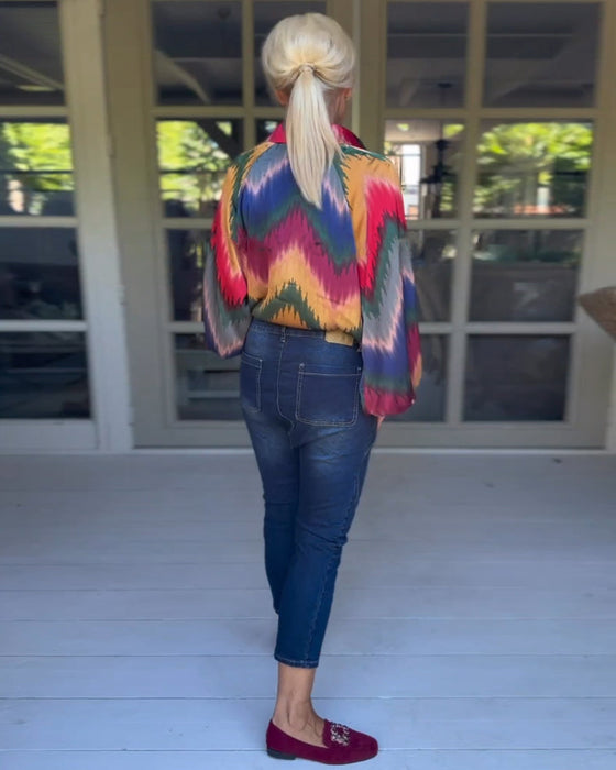 Multicolor Lapel Neck Long Sleeve Top