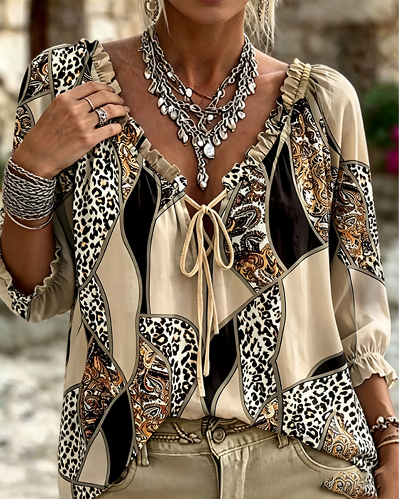 V-Neck Leopard Puff Sleeve Tie Blouse
