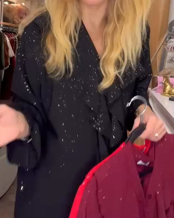 Loose-Fitting Ruffle Trim Sequined Dress