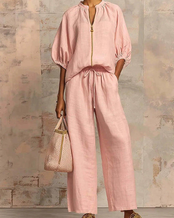 Zipper Crewneck Top Wide Leg Pants Two-Piece Sets