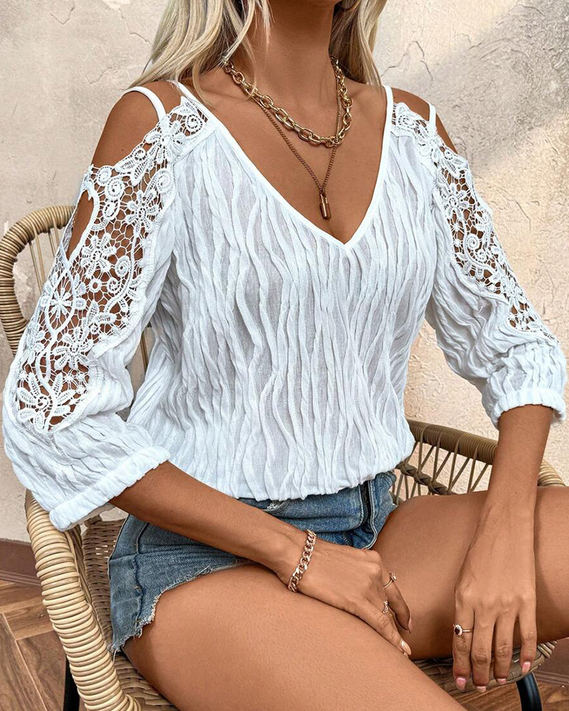 Lace Off-Shoulder Ruched Textured Blouse