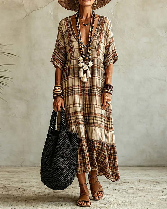 V-Neck Plaid Patchwork Dress