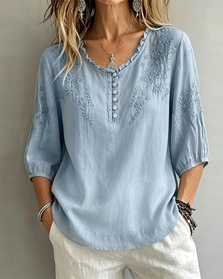 Embroidery 3/4 Sleeve Solid Color Blouse