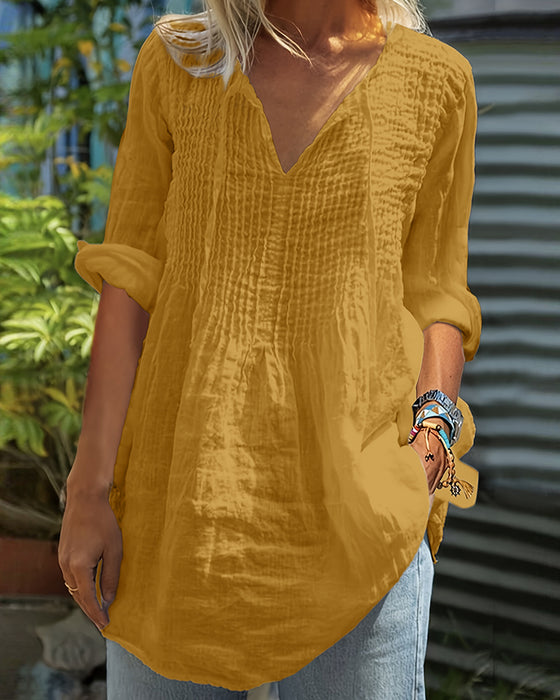 V-Neck Drawstring Solid Blouse