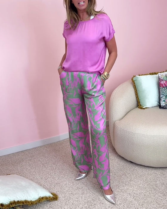 Casual printed short sleeve pocketed set