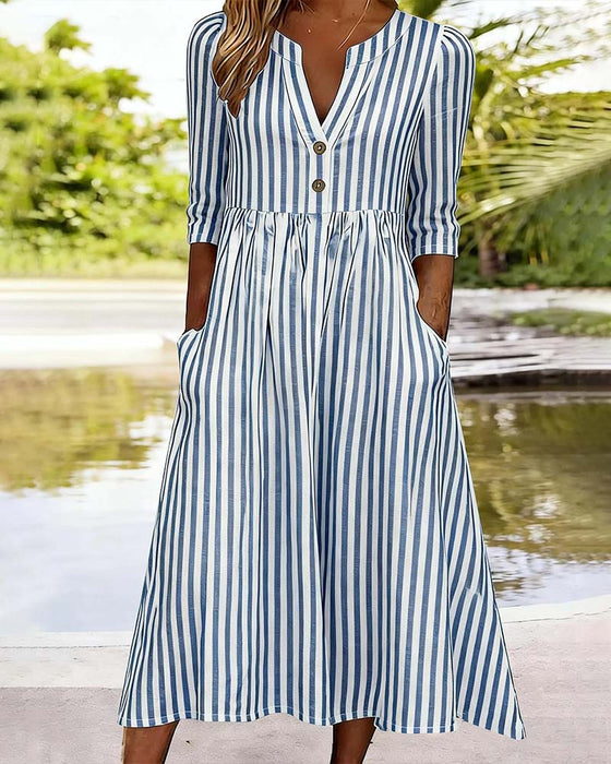 Blue And White Striped Three-Quarter Sleeve Dress