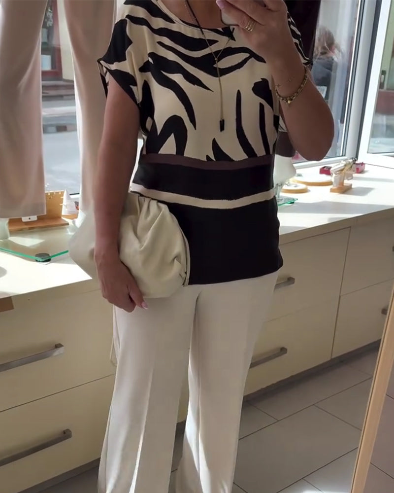 Round Neck Geometric Patchwork Short Sleeve Blouse