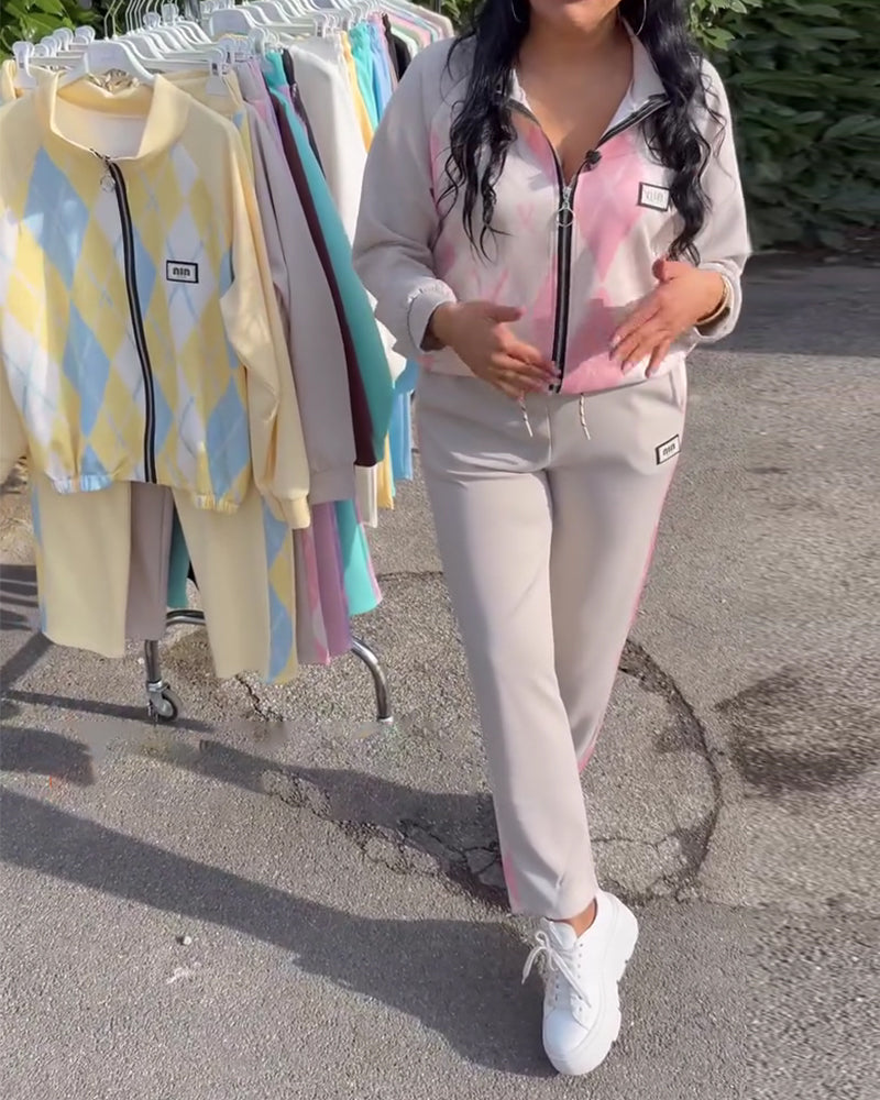 Plaid Zip-Up Top And Trousers Two-Piece Set