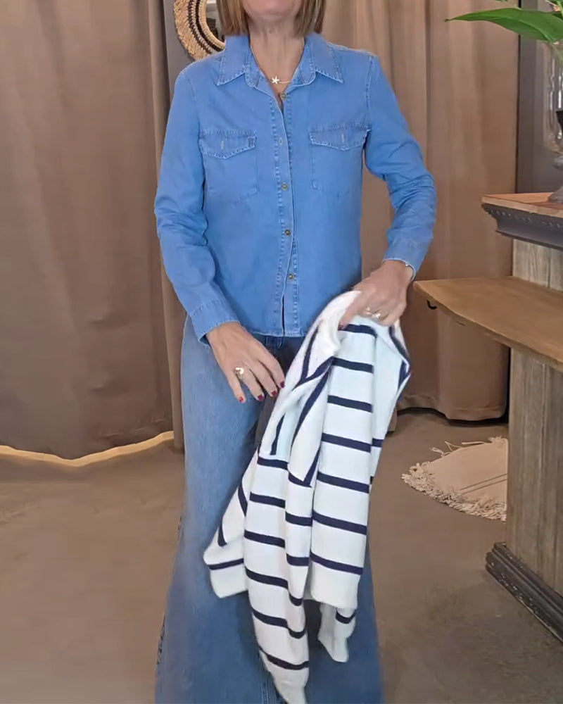 Solid Color Collared Denim Shirt