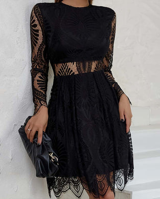 Round Neck Lace Cutout Waist Dress