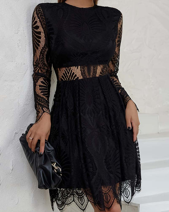 Round Neck Lace Cutout Waist Dress