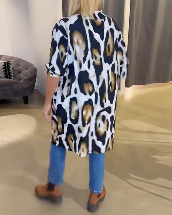 Stand-Up Collar Short-Sleeved Leopard Print Dress