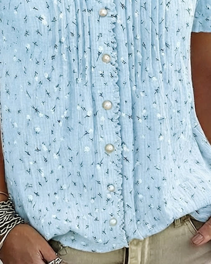 Puff Sleeve Floral Print Short-Sleeve Blouse