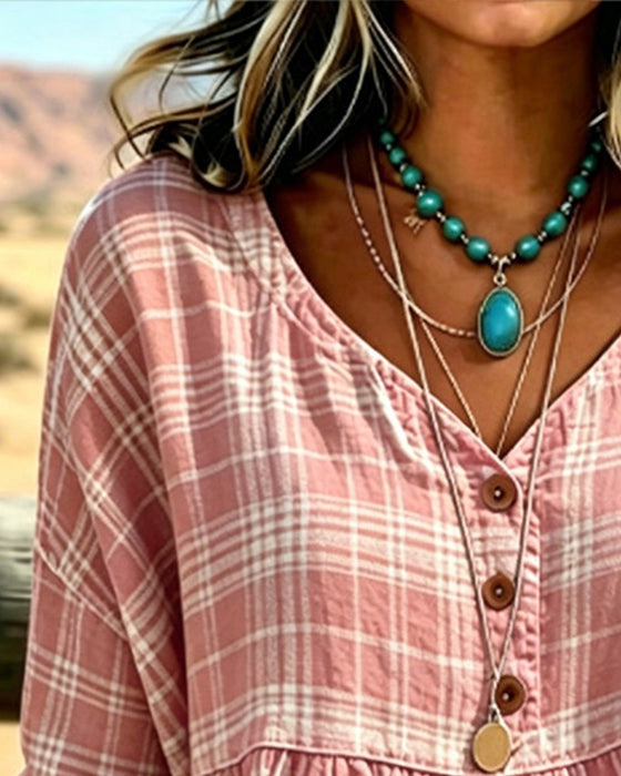 Vintage Plaid V-Neck Blouse