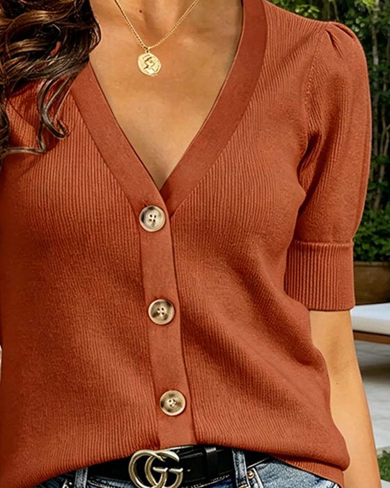 V-Neck Button Puff Sleeve T-Shirts