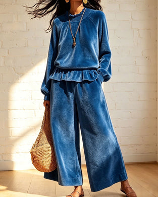 Solid Color Ruffled Top Wide-Leg Pants Set