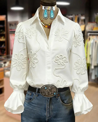 Flower Flare Sleeve Mandarin Collar Shirt
