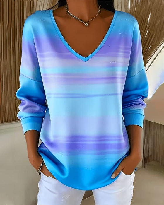 V-Neck Long Sleeve Ombre Sweatshirts