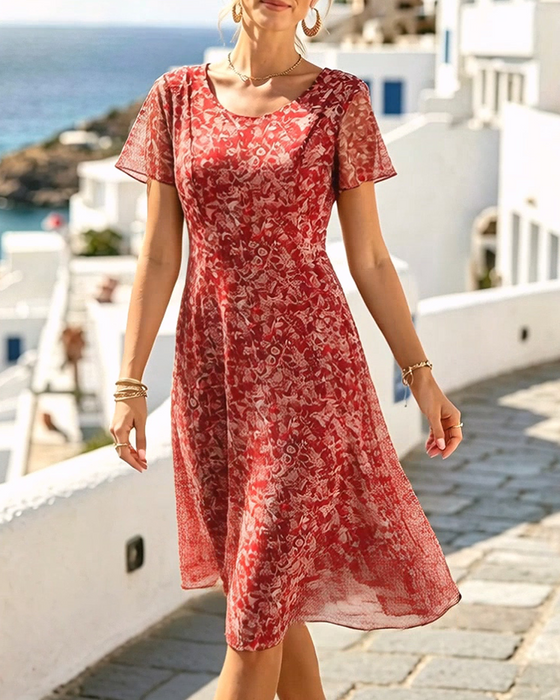 Floral Short Sleeve A-Line Dress