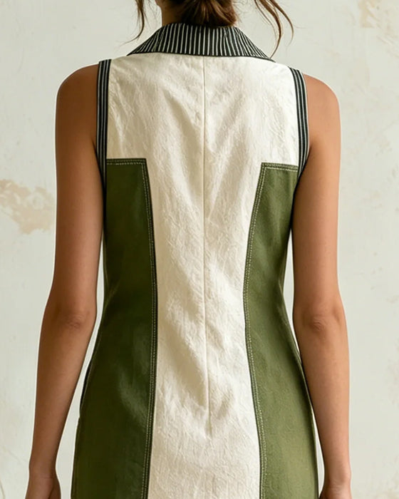 V-Neck Lapel Color Block Striped Sleeveless Dress