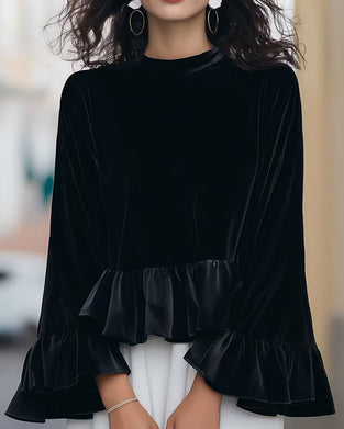 Crew Neck Ruffle Flare Sleeve Blouse