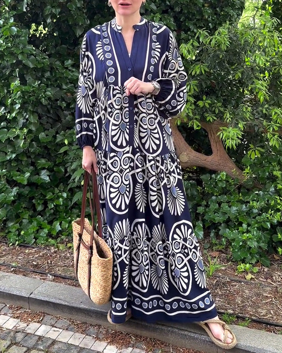 Retro print casual long sleeve dress