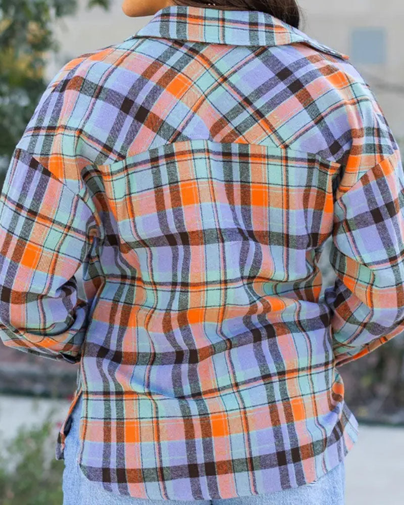 Color-Block Plaid Casual Shirt Blouse