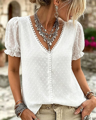 Jacquard V-Neck Lace Blouse