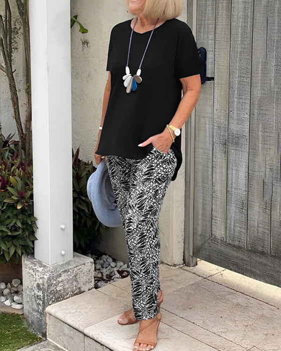 Solid Color Print Casual Set