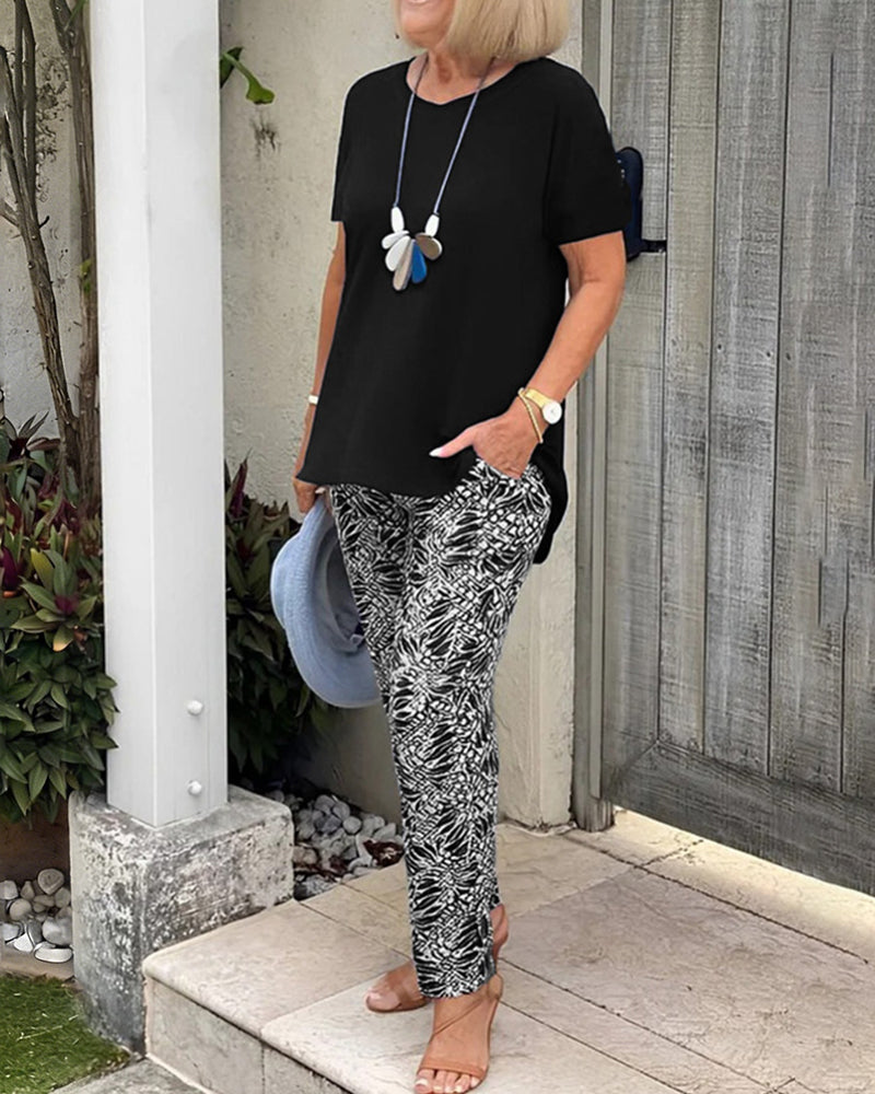 Solid Color Print Casual Set