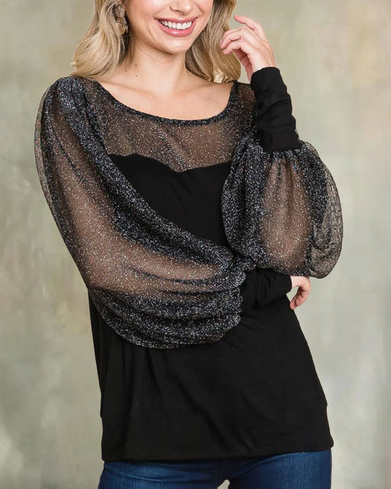 Sheer Puff Sleeve Panel Relaxed Blouse