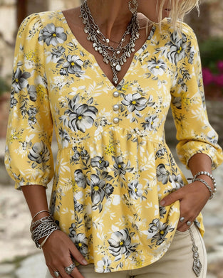 V-Neck 3/4 Sleeve Floral Blouse