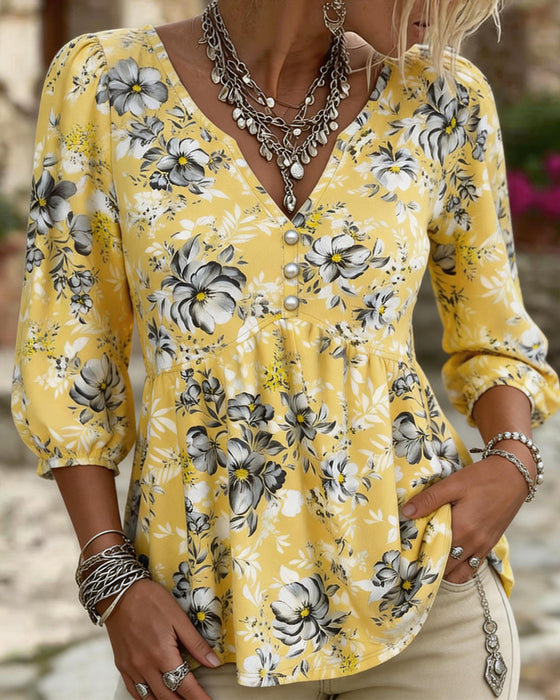 V-Neck 3/4 Sleeve Floral Blouse