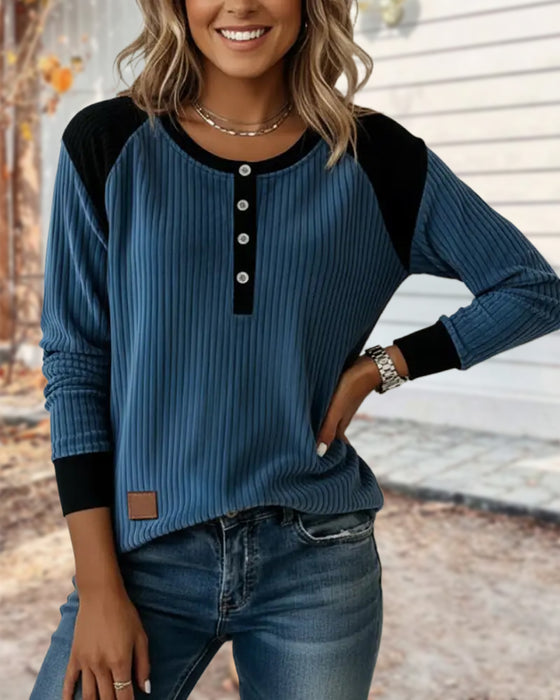 Button Ribbed Color-Block Top