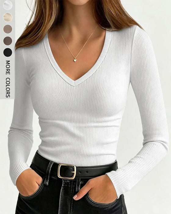 Long Sleeve V-Neck Solid Color Top
